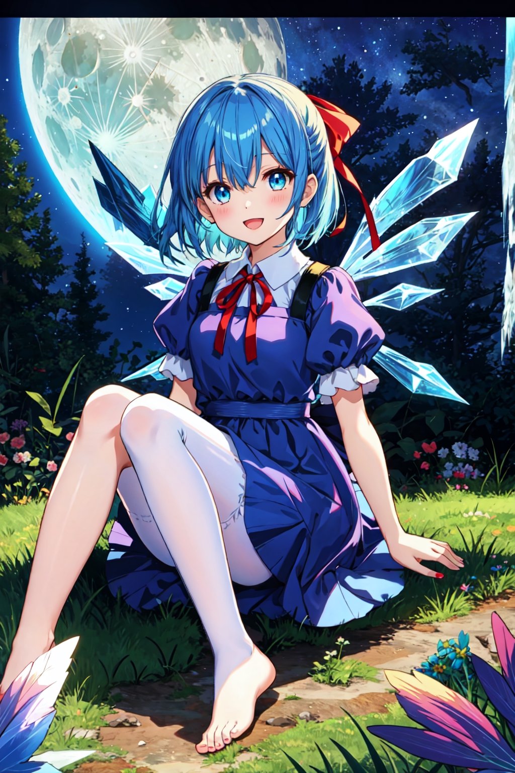 FFIXBG, cirno, full body, hair ribbon, dress, shirt, sitting, short sleeves, puffy sleeves, puffy short sleeves, blue hair hair between eyes, blue eyes, :d, shoes, collared shirt, neck ribbon, blue dress, wings, bangs, ribbon, ice wings, white shirt, ice, pinafore dress, short hair, red ribbon, barefoot, bow, blue bow, hair bow,  (Masterpiece, best quality:1.3), highly detailed, fantasy, hyperrealistic, best illustration, 8k, ffixbg, dynamic view, cinematic, ultra-detailed, full background, fantasy, illustration, night sky, forest, tree, path, grass, scenery, beautiful, (shiny), UHDR, various colors, (details:1.2), extremely detailed, (shimmer:0.5), colorful, ethereal, dreamy, vanishing (line:0.4), amazing composition, (moon), stars