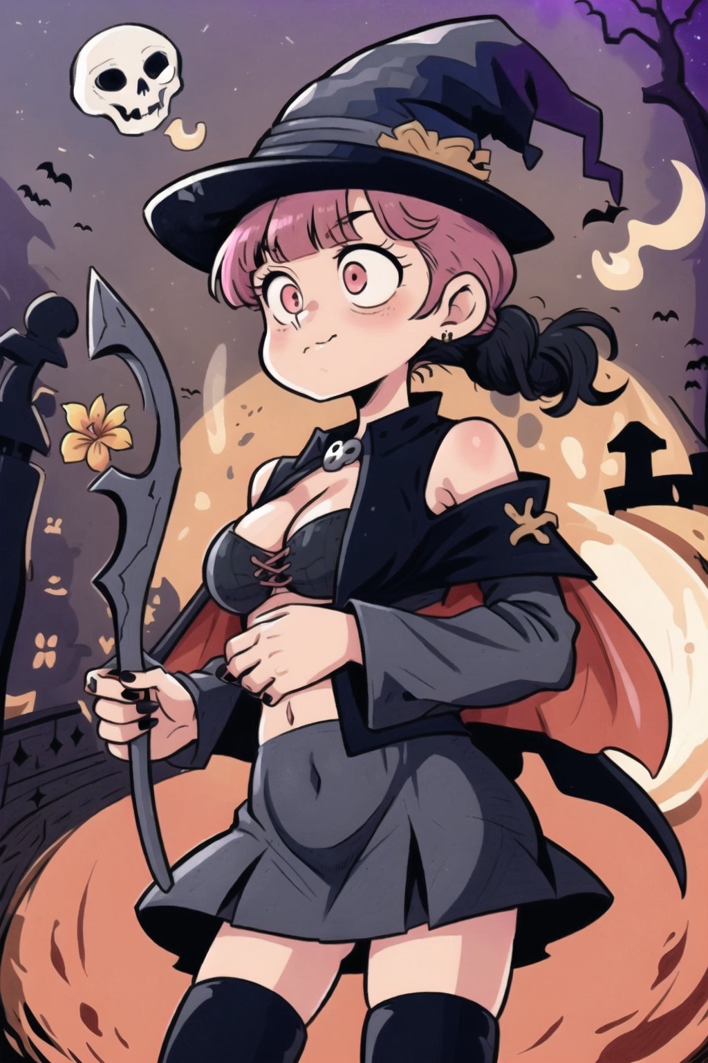 witch hat, halloween, retro artstyle, fine art parody, traditional media, ghost, skeleton, 1girl, skull, mori calliope, tiara, navel, ponytail, virtual youtuber large breasts, upper body, black dress, black nails, cape pink eyes, pink hair, closed mouth, dress, veil, jacket, hat, jewelry, spikes, nail polish, long hair, red eyes, flower, blunt bangs, official alternate costume, bangs, bare shoulders, thighhighs, scythe