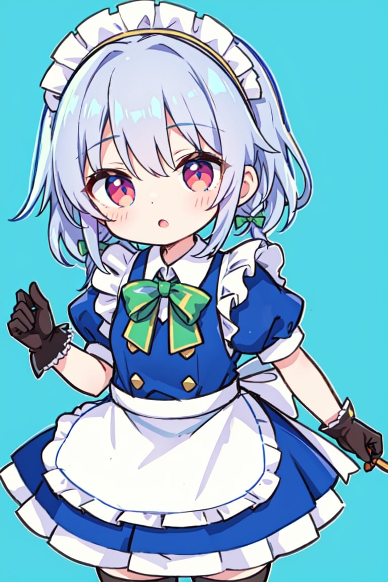 (Super Chibi) (Very Small Body),  (masterpiece,  best quality,  ultra-detailed,  8K),  cartoon, AGGA_ST004,  izayoi sakuya, green bow, knife shirt, maid headdress, thighhighs, bow, ribbon, skirt, hair bow waist apron, twin braids, red eyes, puffy sleeves maid, blue dress, white hair, frills, gloves, blue eyes, short hair, apron, braid, puffy short sleeves, dress, grey hair, bangs, short sleeves