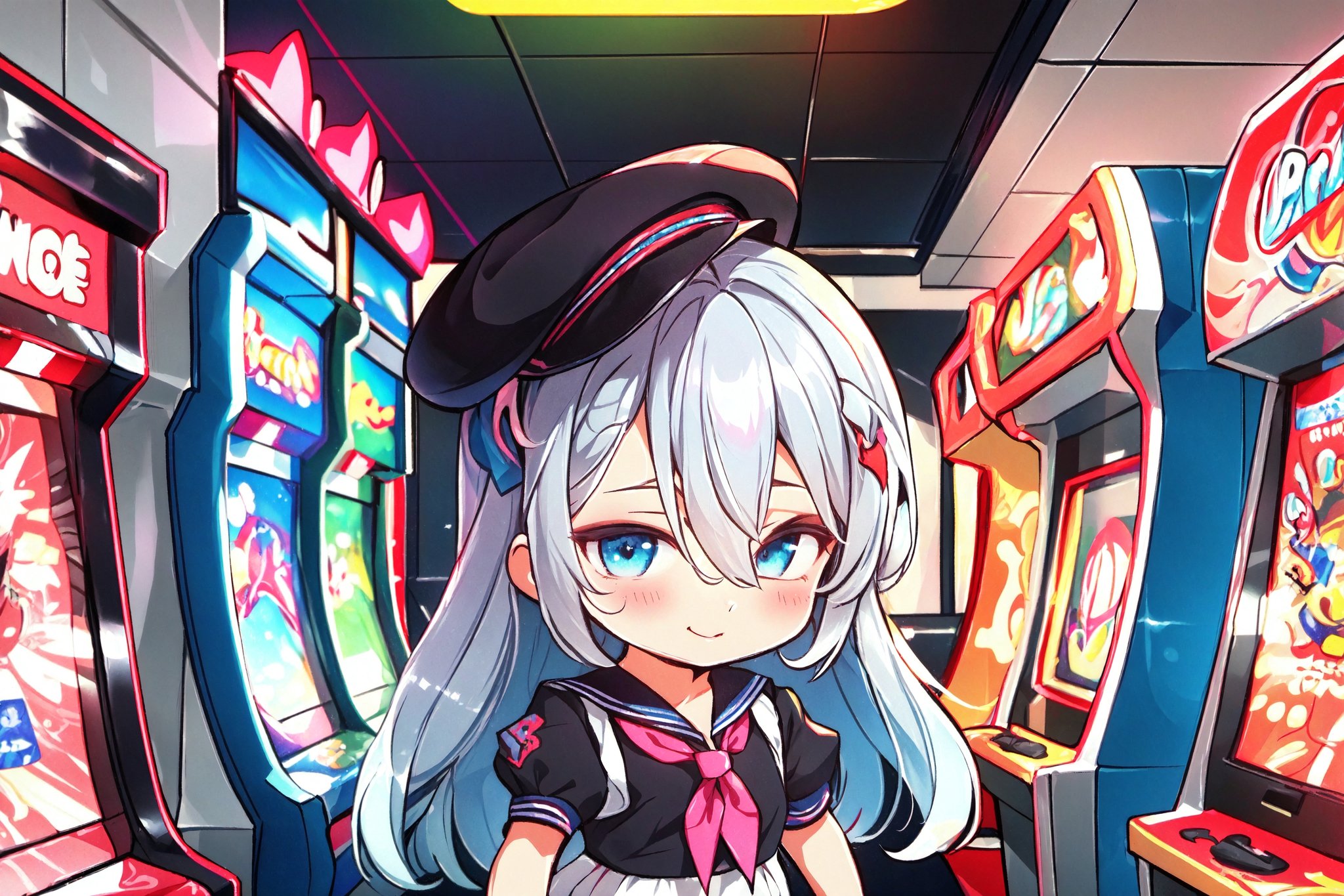 night, (dark environment), Highly detailed, High Quality, Masterpiece, beautiful, solo, 1girl, (chibi:1.2), arcade, arcade machines, neon lights, retro games, lively arcade atmosphere, :), kamishirasawa keine, bow, blue hair, white hair, hair between eyes, shirt, neckerchief, blue dress, ribbon, collarbone, bangs, multicolored hair, upper body, two-tone hair, long hair, blue headwear, grey hair, short sleeves, hat, dress, red eyes puffy short sleeves, blue eyes, puffy sleeves, very long hair