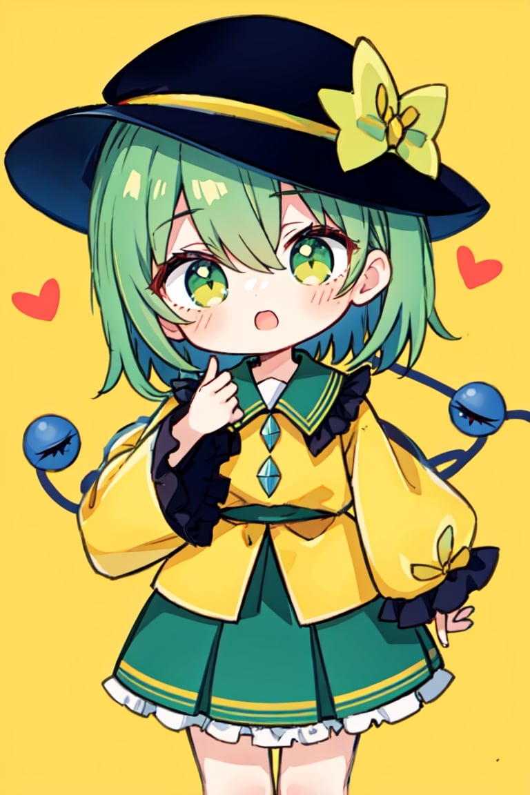 (Super Chibi) (Very Small Body),  (masterpiece,  best quality,  ultra-detailed,  8K),  AGGA_ST004,  komeiji koishi, skirt, green hair, heart yellow shirt, medium hair, frilled shirt collar, flower, ribbon, hat ribbon, frilled sleeves, heart of string, green skirt, bow, black headwear, blouse, hair between eyes, yellow ribbon, yellow bow, hat, hat bow, frills, bangs, long sleeves, wide sleeves, green eyes, eyeball, shirt, third eye, short hair