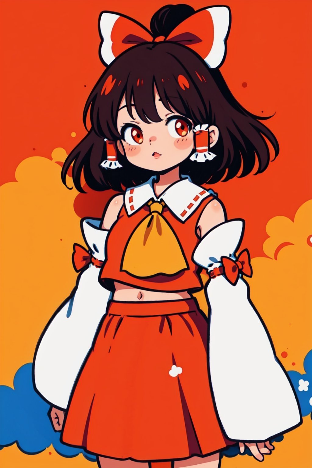 style of Chiho Aoshima, adorable, cute, hakurei reimu, red bow, yellow ascot, bare shoulders, ribbon trim, skirt set, detached sleeves, ribbon, hair tubes, brown hair, black hair, brown eyes, sidelocks, hair bow, gohei, bow, long hair, bangs, skirt, navel, ribbon-trimmed sleeves, frilled bow, red skirt, long sleeves, frills, shirt short hair, red eyes, ascot, wide sleeves