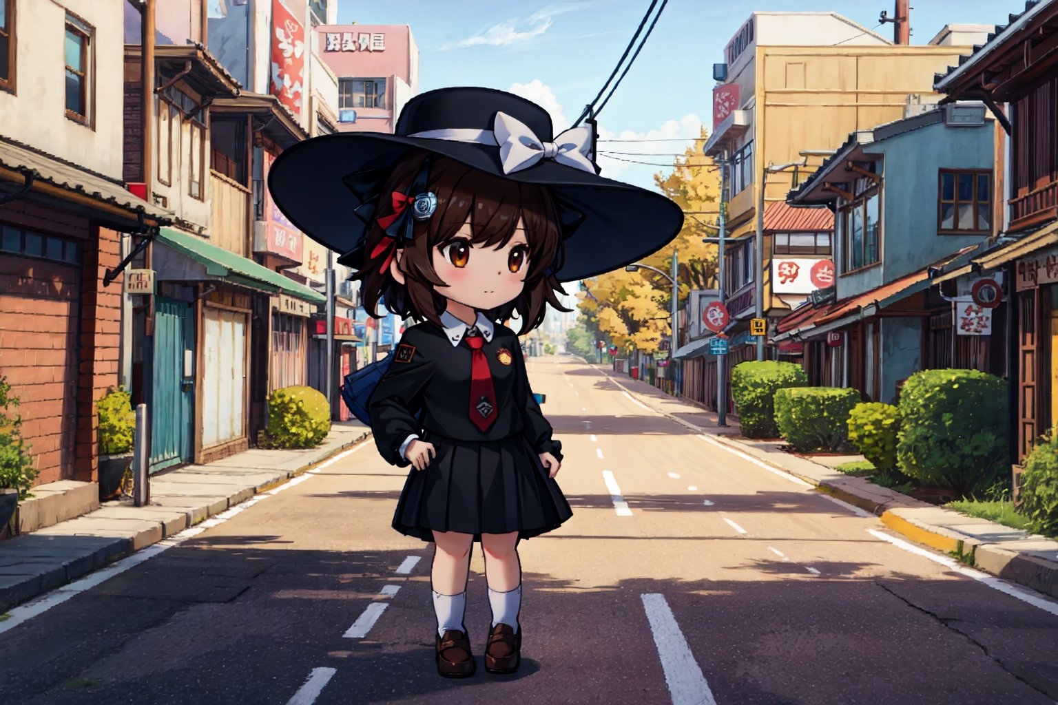 Chibi, guweiz style, FFIXBG, usami renko, black capelet, book, hat bow, hair ribbon, collared shirt, ribbon, closed mouth, black hair, bow, brown eyes, hat, necktie, skirt, white shirt, hair between eyes, black skirt, upper body, capelet, fedora, red necktie, brown hair, bangs, long sleeves, black headwear, shirt, short hair, hat ribbon, white bow hair bow, (Masterpiece, best quality:1.3), highly detailed, fantasy, hyperrealistic, best illustration, 8k, ffixbg, dynamic view, cinematic, ultra-detailed, full background, street, houses, street lights, power lines, outdoors, sunset, road, sidewalk