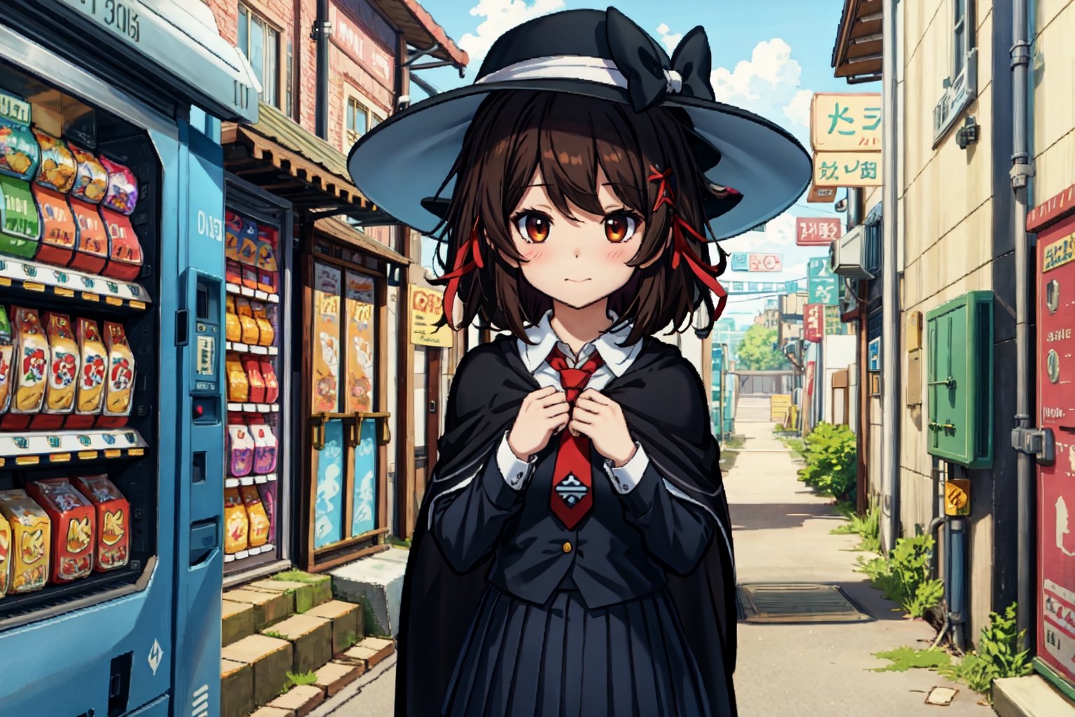 Chibi, guweiz style, FFIXBG, usami renko, black capelet, book, hat bow, hair ribbon, collared shirt, ribbon, closed mouth, black hair, bow, brown eyes, hat, necktie, skirt, white shirt, hair between eyes, black skirt, upper body, capelet, fedora, red necktie, brown hair, bangs, long sleeves, black headwear, shirt, short hair, hat ribbon, white bow hair bow, (Masterpiece, best quality:1.3), highly detailed, fantasy, hyperrealistic, best illustration, 8k, ffixbg, dynamic view, cinematic, ultra-detailed, full background, alleyway, vending machine, japanese vending machine, alley