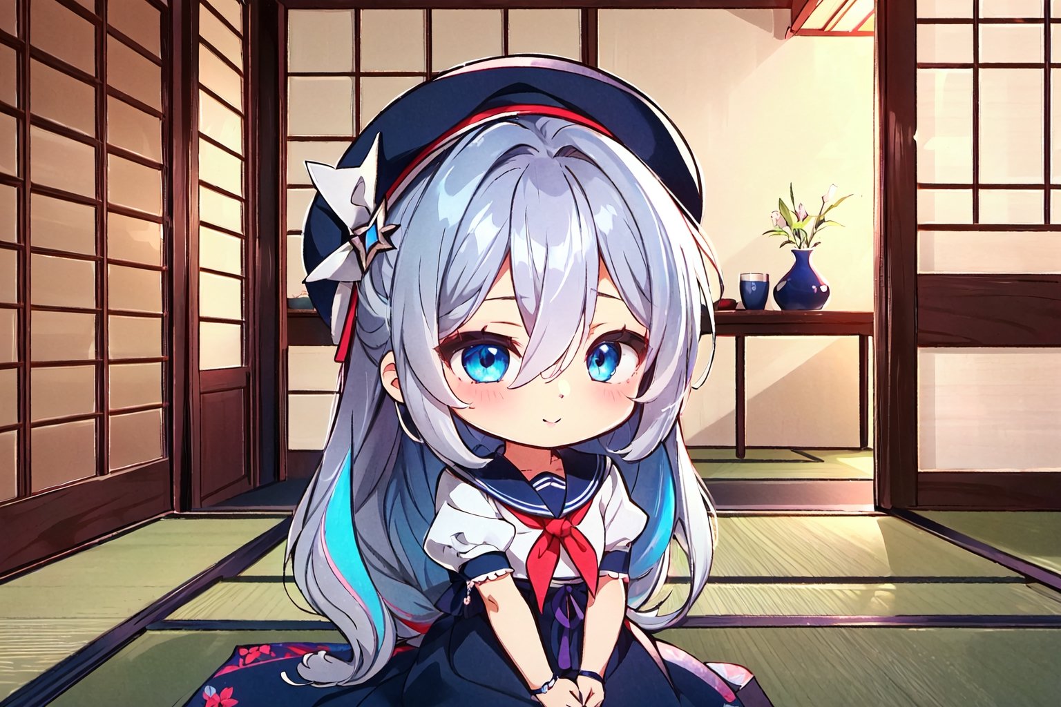 night, (dark environment), Highly detailed, High Quality, Masterpiece, beautiful, solo, 1girl, (chibi:1.2), indoors, Japanese house, tatami mats, shoji screens, minimalist design, :), kamishirasawa keine, bow, blue hair, white hair, hair between eyes, shirt, neckerchief, blue dress, ribbon, collarbone, bangs, multicolored hair, upper body, two-tone hair, long hair, blue headwear, grey hair, short sleeves, hat, dress, red eyes puffy short sleeves, blue eyes, puffy sleeves, very long hair