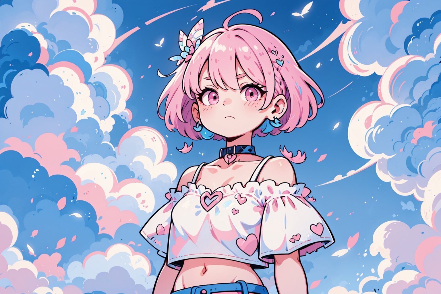 (outdoors, outside, (cloud:1.3401), full moon:1.1), SAM YANG, yumemi riamu, pink collar, collarbone, blue hair, heart, earrings, pink hair, pill earrings, bracelet, two-tone hair, collar navel, jewelry, bangs, shirt, fang, off shoulder, short hair, choker, hair intakes, pink eyes, upper body, short sleeves, bare shoulders, hair between eyes, t-shirt white shirt, multicolored hair