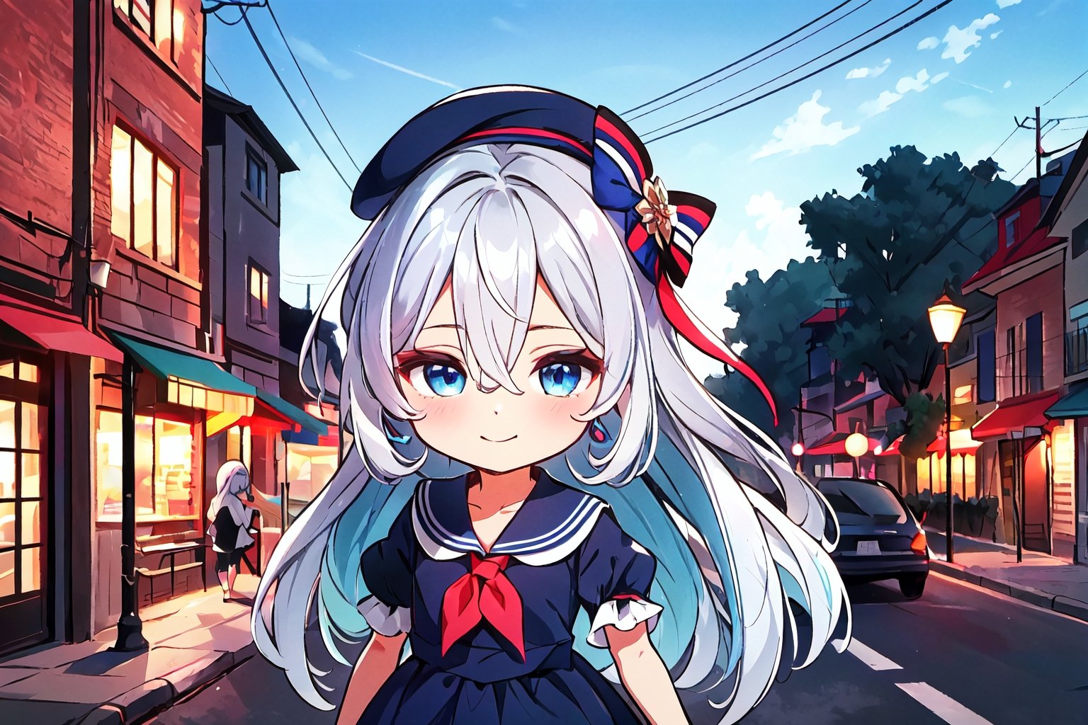 night, (dark environment), Highly detailed, High Quality, Masterpiece, beautiful, solo, 1girl, (chibi:1.2), neighborhood, outdoors, quiet streets, friendly neighbors, green lawns, blue skies, ;>, kamishirasawa keine, bow, blue hair, white hair, hair between eyes, shirt, neckerchief, blue dress, ribbon, collarbone, bangs, multicolored hair, upper body, two-tone hair, long hair, blue headwear, grey hair, short sleeves, hat, dress, red eyes puffy short sleeves, blue eyes, puffy sleeves, very long hair