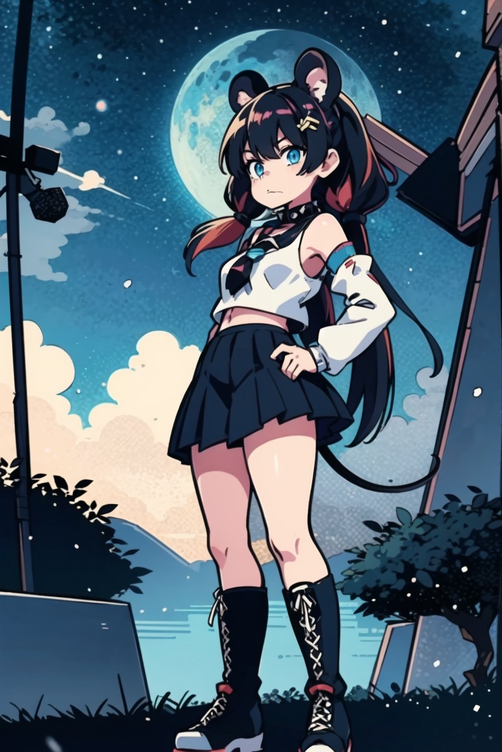 LOFI, xjrex, 1girl, solo, boots, tree, black hair, standing, snow, outdoors, knee boots, brown footwear, hakos baelz, white hair, blue eyes, long hair, hair between eyes, mouse ears detached sleeves, collar, streaked hair, navel, twintails, bow, animal ear fluff, multicolored hair, dice hair ornament, virtual youtuber, spikes, black hair, bangs, bare shoulders, skirt shirt, spiked collar, mouse tail, tail ornament, red hair, tail, animal ears, hair ornament