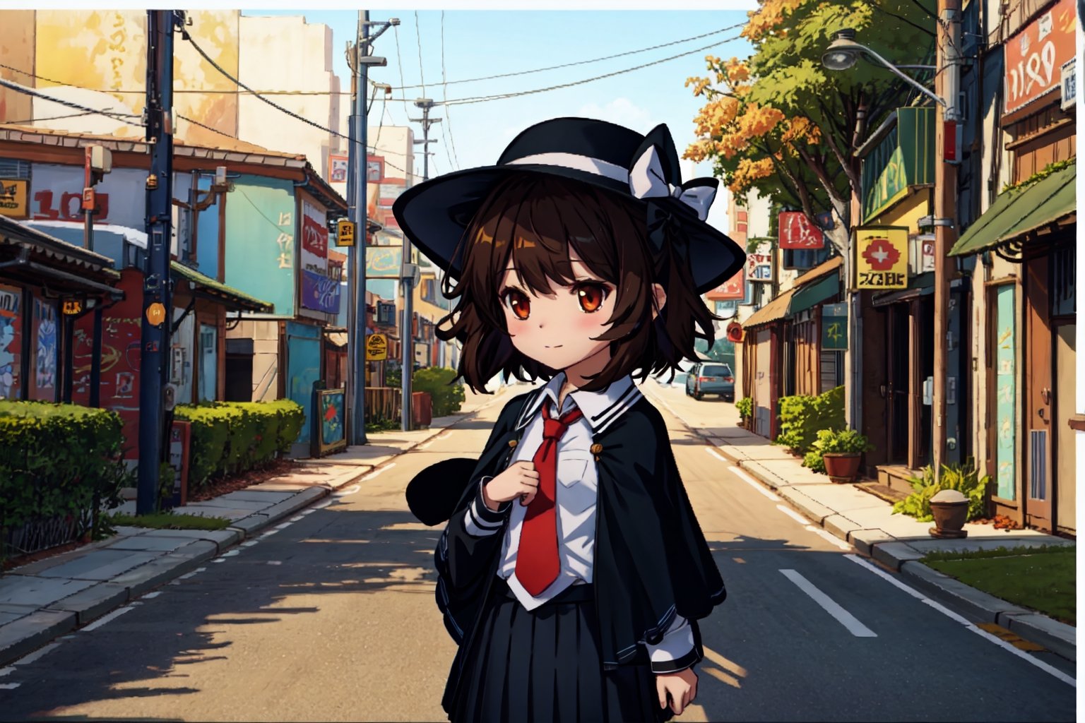 Chibi, guweiz style, FFIXBG, usami renko, black capelet, book, hat bow, hair ribbon, collared shirt, ribbon, closed mouth, black hair, bow, brown eyes, hat, necktie, skirt, white shirt, hair between eyes, black skirt, upper body, capelet, fedora, red necktie, brown hair, bangs, long sleeves, black headwear, shirt, short hair, hat ribbon, white bow hair bow, (Masterpiece, best quality:1.3), highly detailed, fantasy, hyperrealistic, best illustration, 8k, ffixbg, dynamic view, cinematic, ultra-detailed, full background, street, houses, street lights, power lines, outdoors, sunset, road, sidewalk