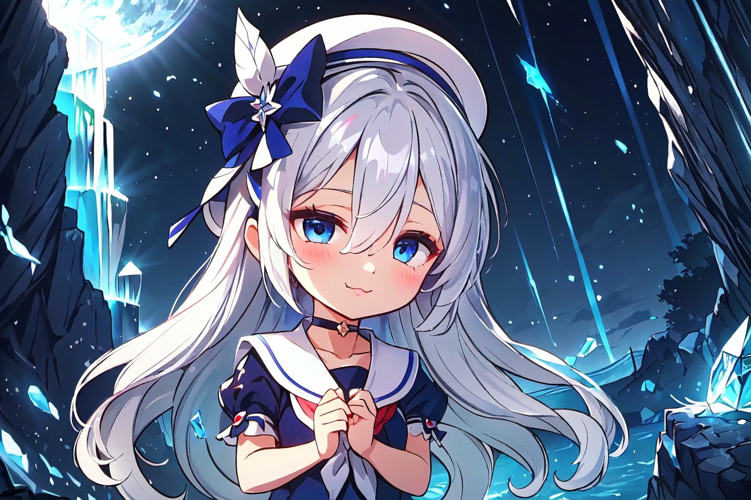 night, (dark environment), Highly detailed, High Quality, Masterpiece, beautiful, solo, 1girl, (chibi:1.2), cave, Crystal, jewelry, dungeon, raw crystal stone, fantasy, night,unexplored region,broken glass, dynamic angle, crystal rain,divine,Underworld, outdoors, :3, kamishirasawa keine, bow, blue hair, white hair, hair between eyes, shirt, neckerchief, blue dress, ribbon, collarbone, bangs, multicolored hair, upper body, two-tone hair, long hair, blue headwear, grey hair, short sleeves, hat, dress, red eyes puffy short sleeves, blue eyes, puffy sleeves, very long hair