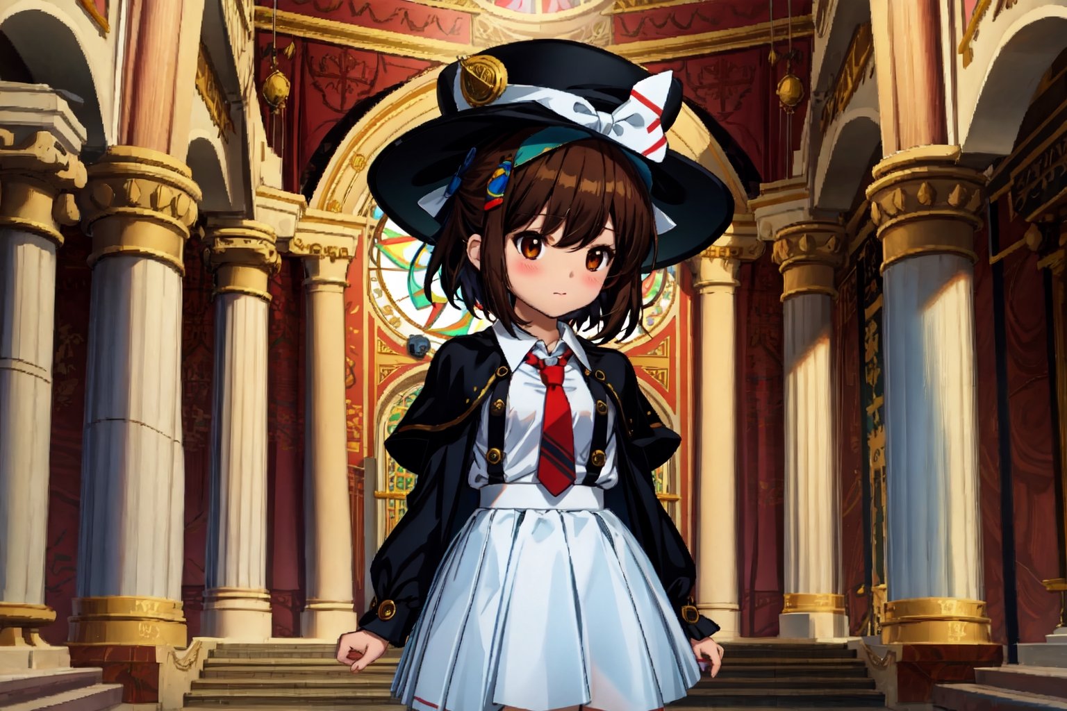 Chibi, guweiz style, FFIXBG, usami renko, black capelet, book, hat bow, hair ribbon, collared shirt, ribbon, closed mouth, black hair, bow, brown eyes, hat, necktie, skirt, white shirt, hair between eyes, black skirt, upper body, capelet, fedora, red necktie, brown hair, bangs, long sleeves, black headwear, shirt, short hair, hat ribbon, white bow hair bow, (Masterpiece, best quality:1.3), highly detailed, fantasy, hyperrealistic, best illustration, 8k, ffixbg, dynamic view, cinematic, ultra-detailed, full background, stained glass, church, marble pillars, marble walls, indoors