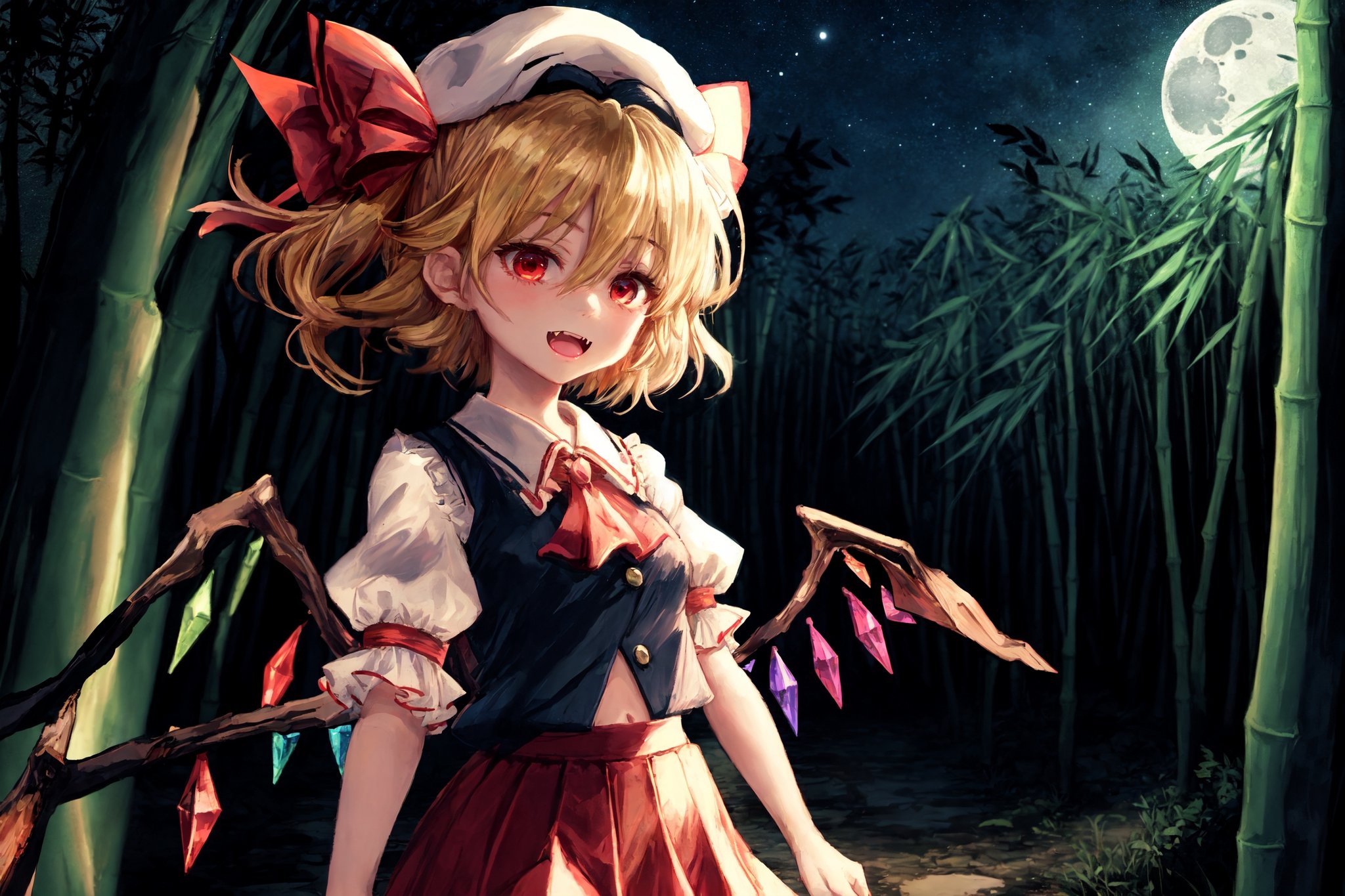 bamboo forest, moonlight, tranquil bamboo grove, rustling leaves, flandre scarlet, ascot, blonde hair, puffy short sleeves, mob cap, red ribbon, white shirt, puffy sleeves, hat ribbon, bangs, long hair, wings, hat, white headwear, skirt, red vest, shirt, vest, short sleeves, red skirt, short hair, side ponytail, skirt set, crystal, hair between eyes, one side up, red eyes, bow, fang, ribbon, frills