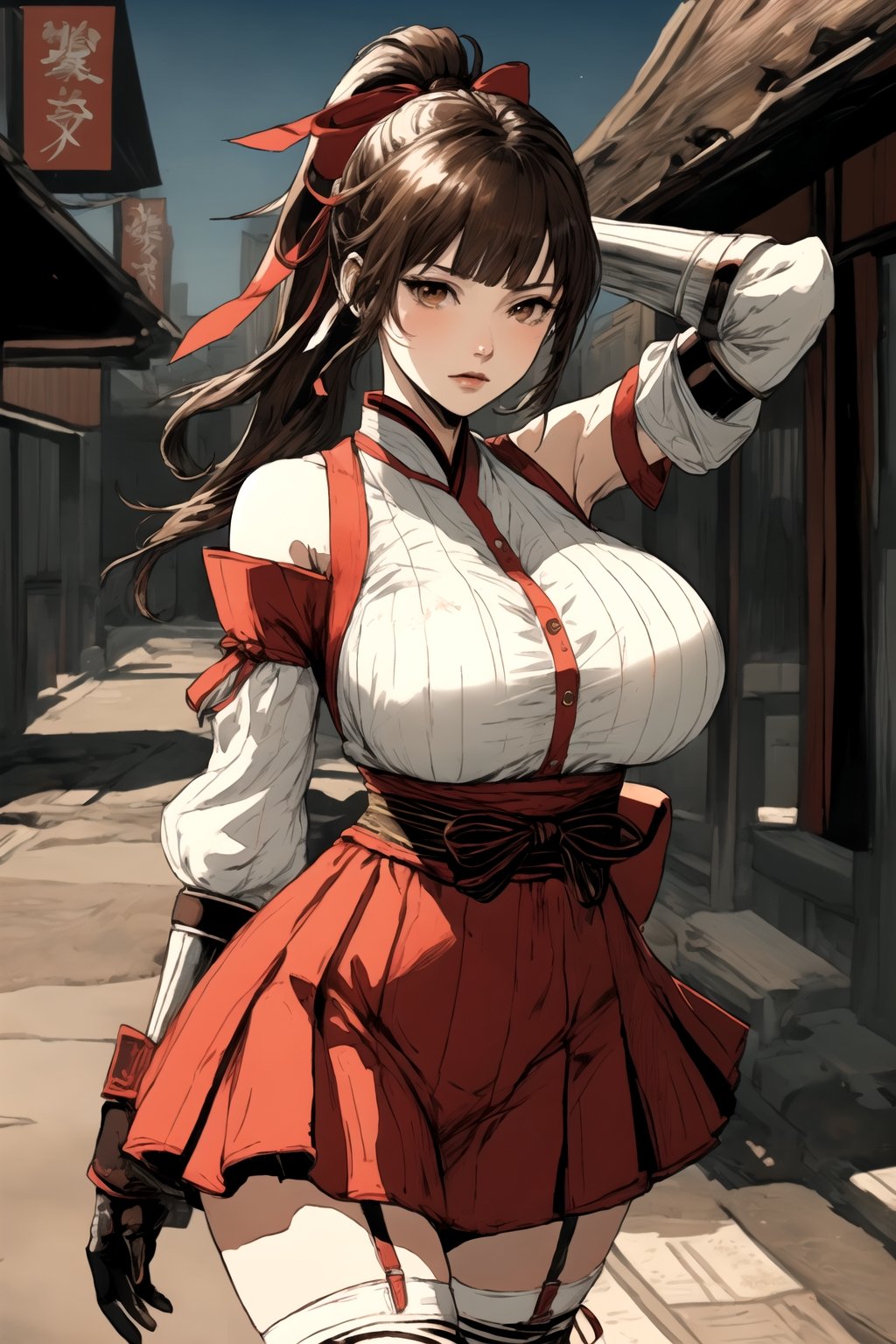 FFIXBG, kasumi \(doa\), thighs, thighhighs, censored, hair ribbon, gloves, huge breasts, arm guards, japanese clothes, choker, brown hair, bangs, ponytail, sword bare shoulders, brown eyes, braid, sash, long hair, ribbon, white thighhighs, solo focus