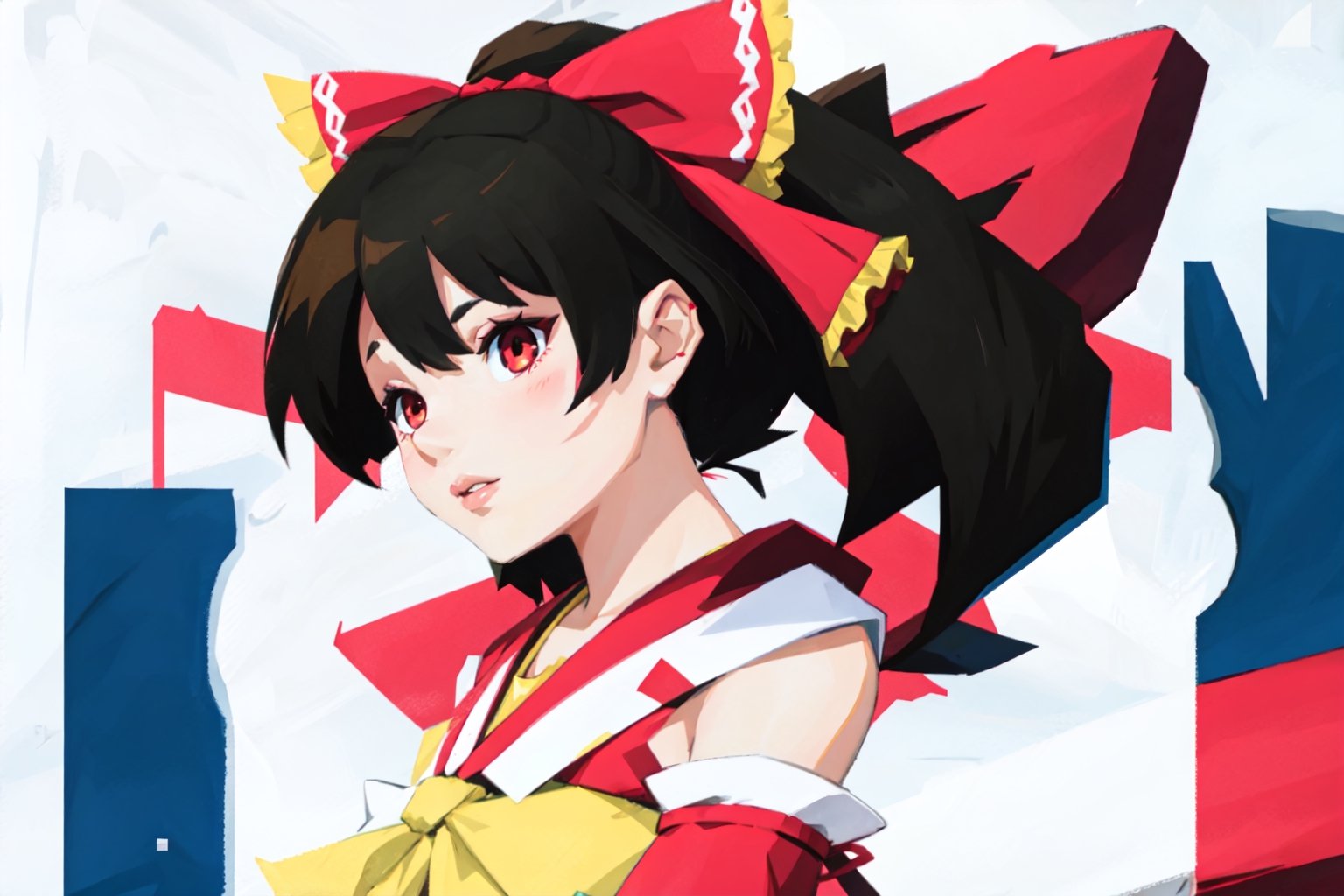 modernstyle, style of Bill Sienkiewicz, hakurei reimu, red bow, yellow ascot, bare shoulders, ribbon trim, skirt set, detached sleeves, ribbon, hair tubes, brown hair, black hair, brown eyes, sidelocks, hair bow, gohei, bow, long hair, bangs, skirt, navel, ribbon-trimmed sleeves, frilled bow, red skirt, long sleeves, frills, shirt short hair, red eyes, ascot, wide sleeves