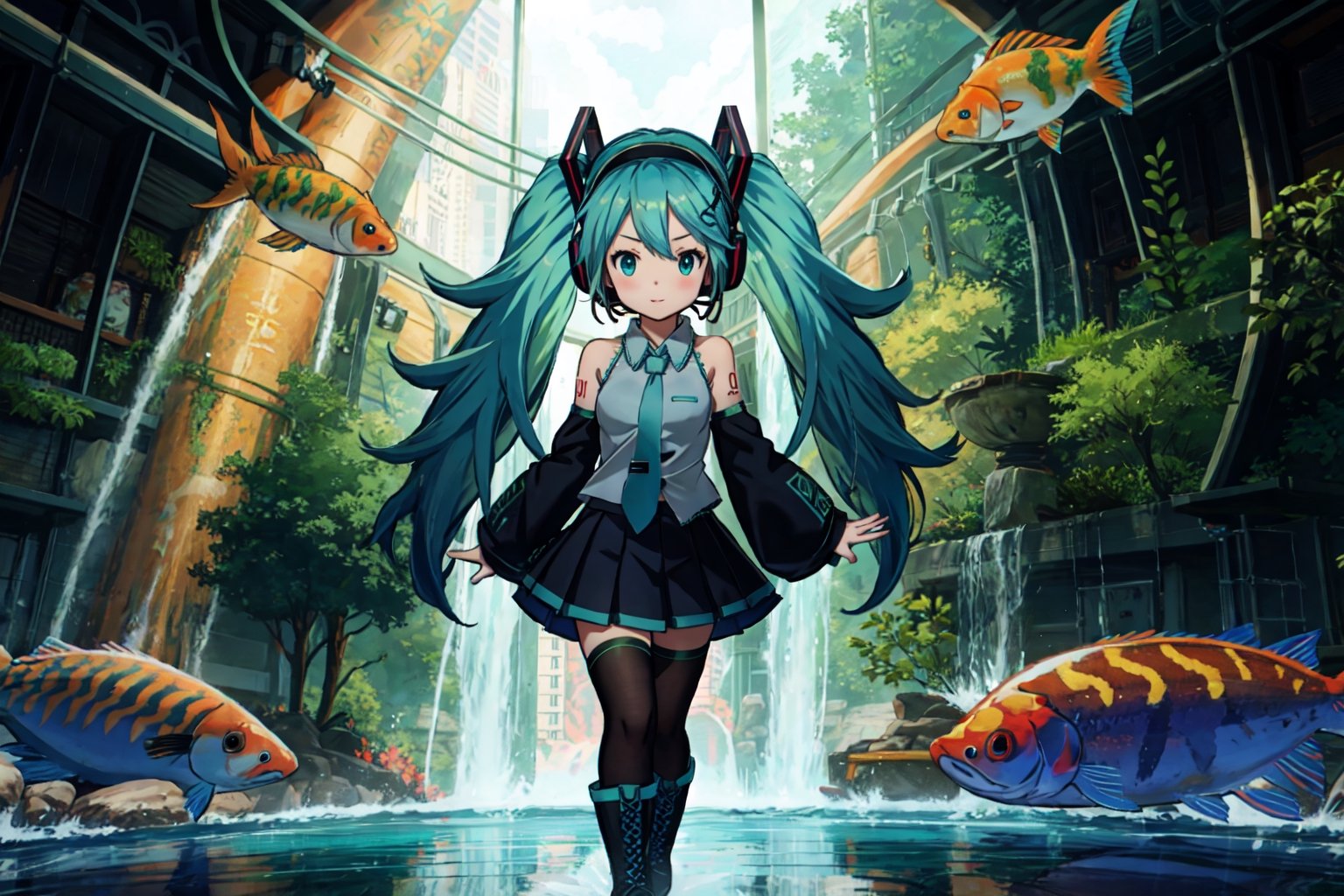 Chibi, guweiz style, FFIXBG, hatsune miku, headphones, blue hair, boots, green eyes, long hair, hair between eyes, dynamic pose, pleated skirt, bare shoulders, headset, dress, aqua eyes, zettai ryouiki, thighhighs, hair ornament, blue eyes, shirt very long hair, aqua hair, skirt, nail polish, sleeveless shirt, detached sleeves, twintails, necktie, green hair, bangs, black skirt, sleeveless,  (Masterpiece, best quality:1.3), highly detailed, fantasy, hyperrealistic, best illustration, 8k, ffixbg, dynamic view, cinematic, ultra-detailed, full background, outdoors, aquarium, windows, fish, fish tanks, water, dimly lit, indoors