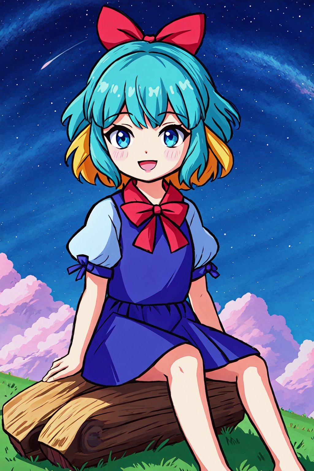 cutesy, Chibi, guweiz style, FFIXBG, cirno, full body, hair ribbon, dress, shirt, sitting, short sleeves, puffy sleeves, puffy short sleeves, blue hair hair between eyes, blue eyes, :d, shoes, collared shirt, neck ribbon, blue dress, wings, bangs, ribbon, ice wings, white shirt, ice, pinafore dress, short hair, red ribbon, barefoot, bow, blue bow, hair bow,  (Masterpiece, best quality:1.3), highly detailed, fantasy, hyperrealistic, best illustration, 8k, ffixbg, dynamic view, cinematic, ultra-detailed, full background, fantasy, illustration, night sky, winter, log cabin, grass, scenery, beautiful, (shiny), UHDR, various colors, (details:1.2), extremely detailed, (shimmer:0.5), colorful, ethereal, dreamy, vanishing (line:0.4), amazing composition, (starry sky), stars