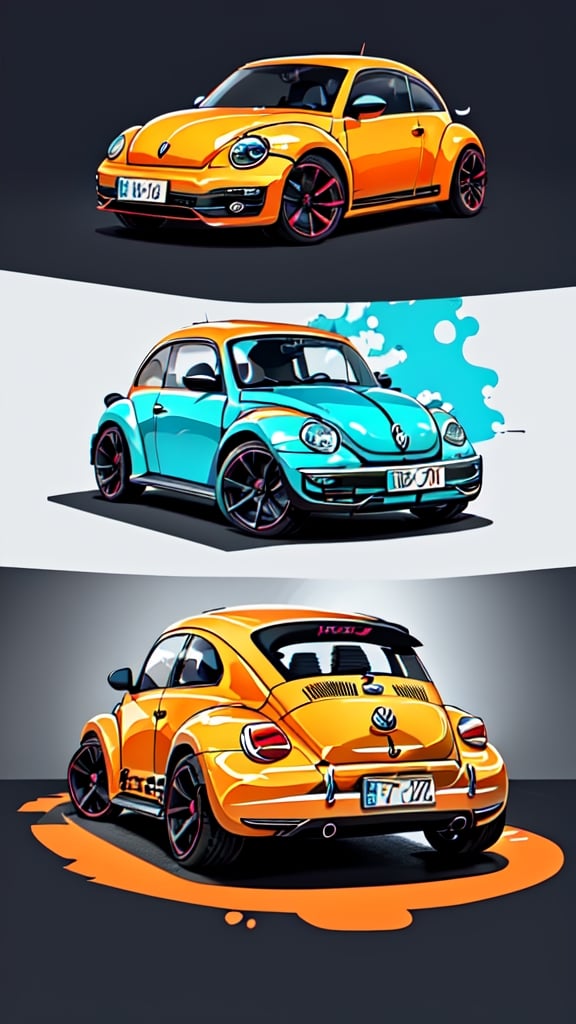 Drip Paint Design,Volkswagen Beetle,blue,red,orange,background dark,highlights,high definition,xyzsanart01