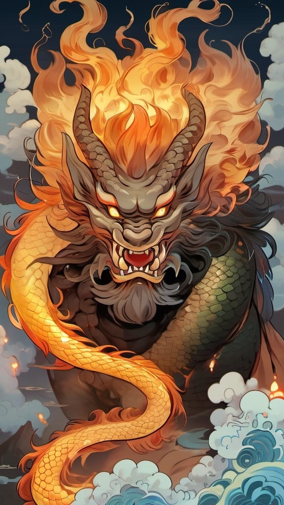 A colossal creature with a human head and human face and snake body,measuring over 500 miles in length,with hair that glows like flames.,yuhuo,long, (urly face::1),fire,dragon,perfecteyes,mythical clouds