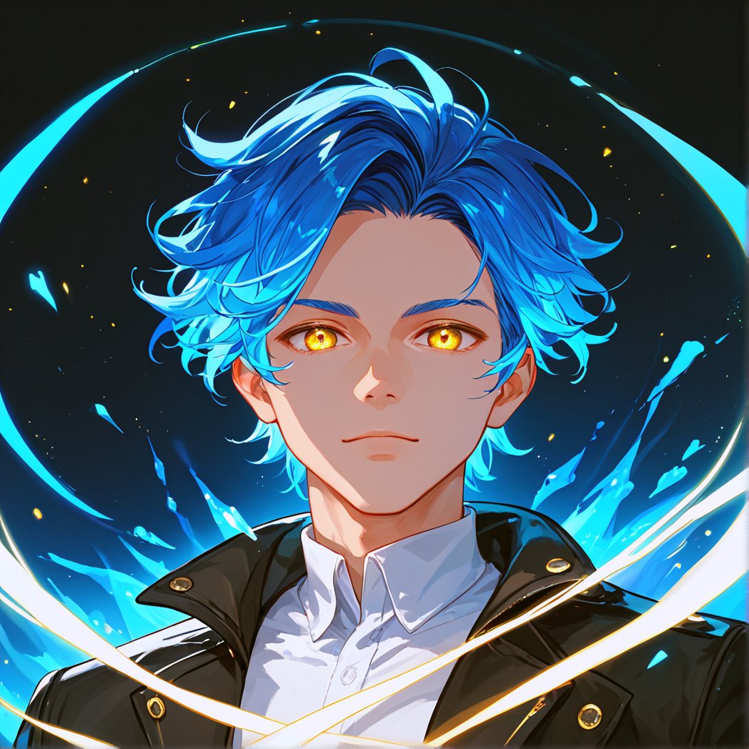 score_9, score_8_up, score_7_up, 1 boy, blue hair, yellow eyes, black jacket, white shirt, portrait, glowing, goldenluminescence, digital background