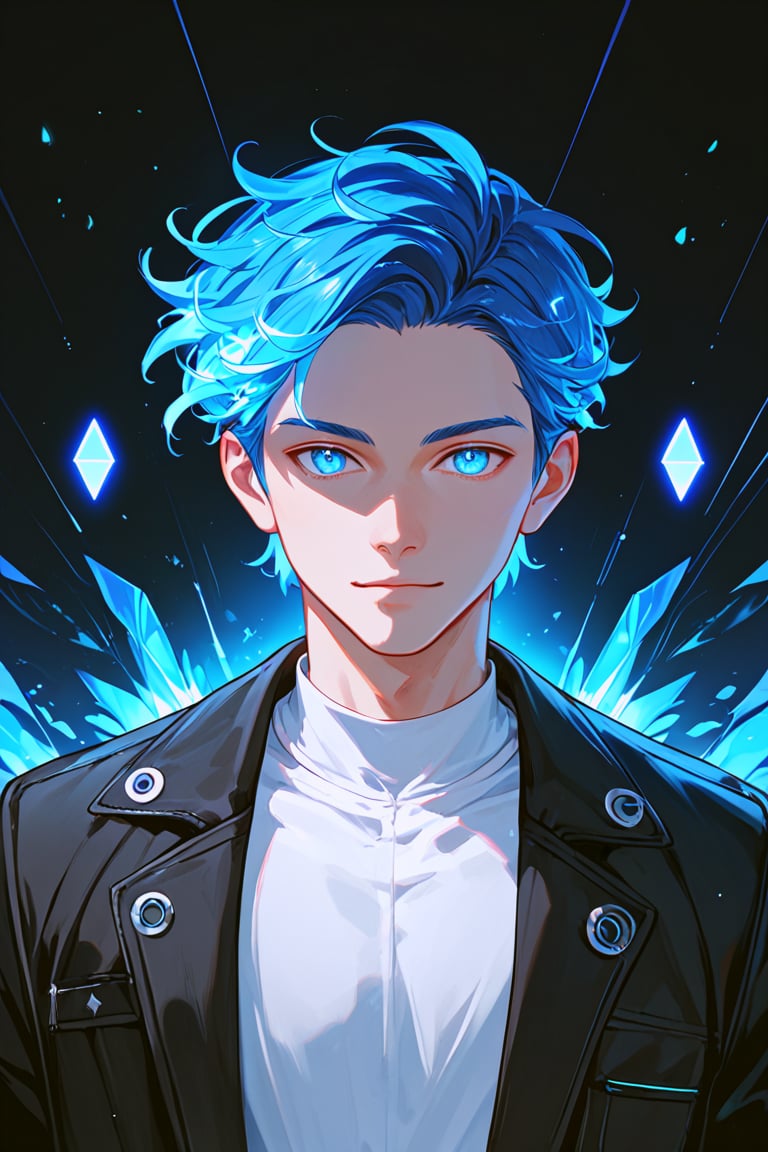 score_9, score_8_up, score_7_up, 1 boy, blue hair, blue eyes, black jacket, white shirt, portrait, glowing, luminescence, digital background