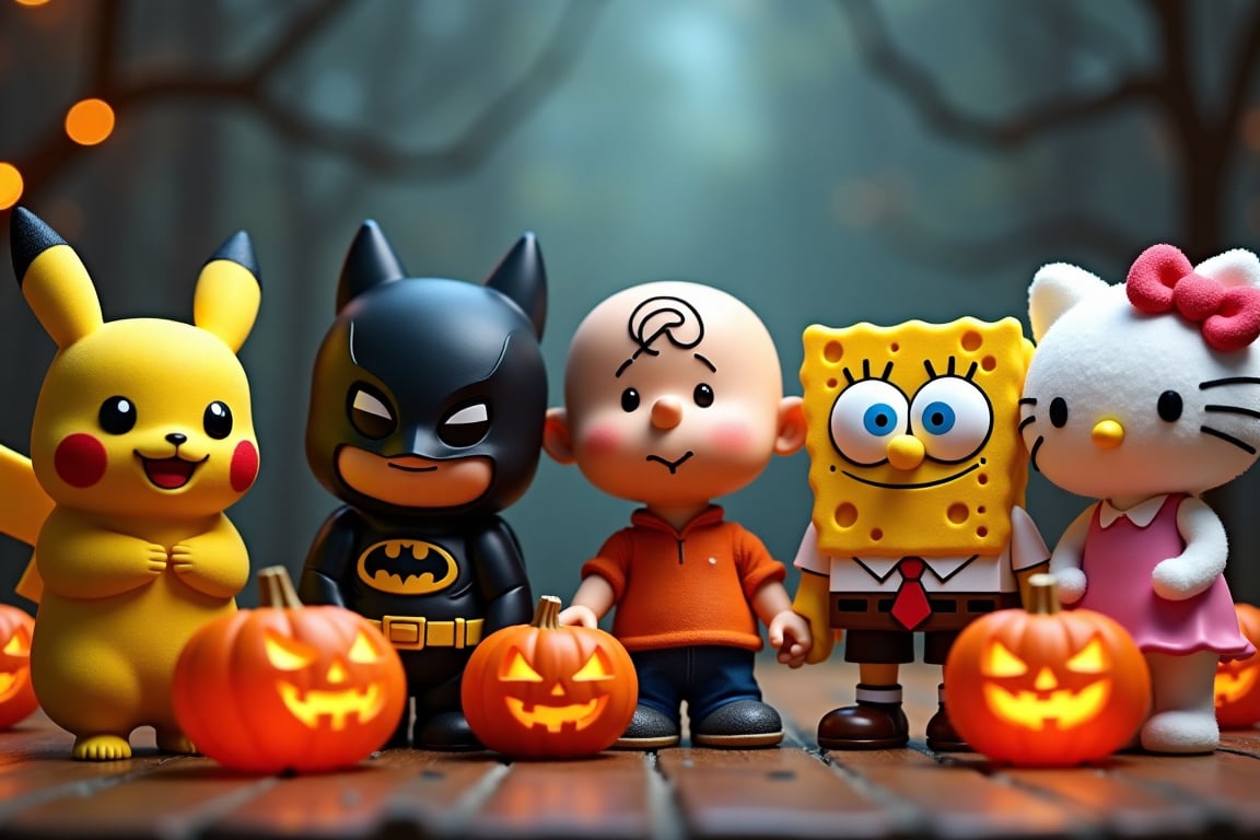 A Halloween party. There are Pikachu, Batman, Charlie Brown, Sponge Bob and Hello Kitty.