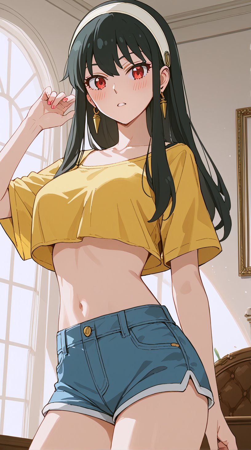 score_9_up, score_8_up, score_7_up, score_6_up, score_5_up, score_4_up, source_anime, 1girl,yor briar,black hair,red eyes,earrings,white hairband,long hair, yellow crop top, underboobs, blue shorts, inside drawing room, nice room background, aesthetic lighting, blush, midriff, navel