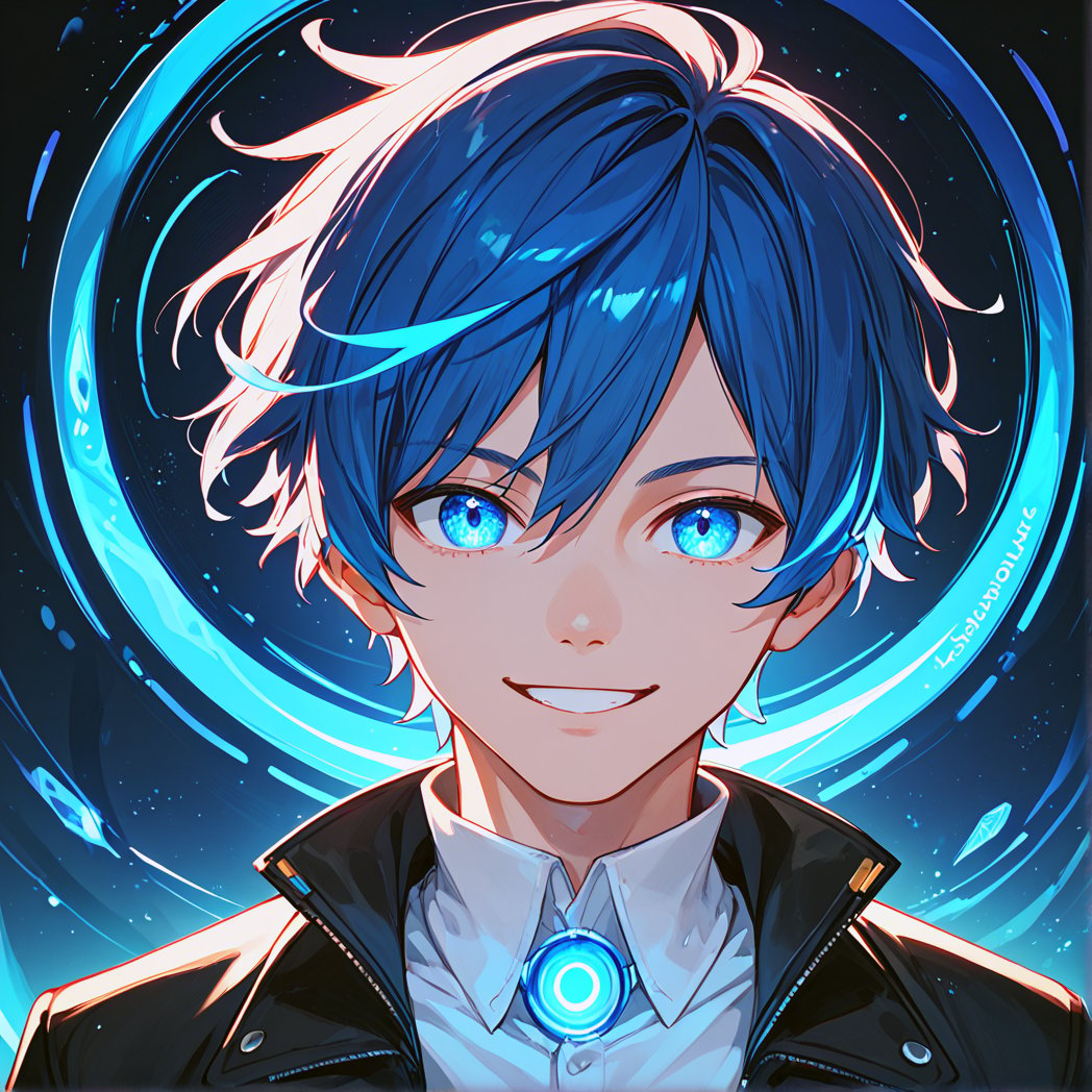 score_9, score_8_up, score_7_up, 1 boy, blue hair, short hair, blue eyes, smile, black jacket, white shirt, portrait, glowing, blue luminescence, digital background