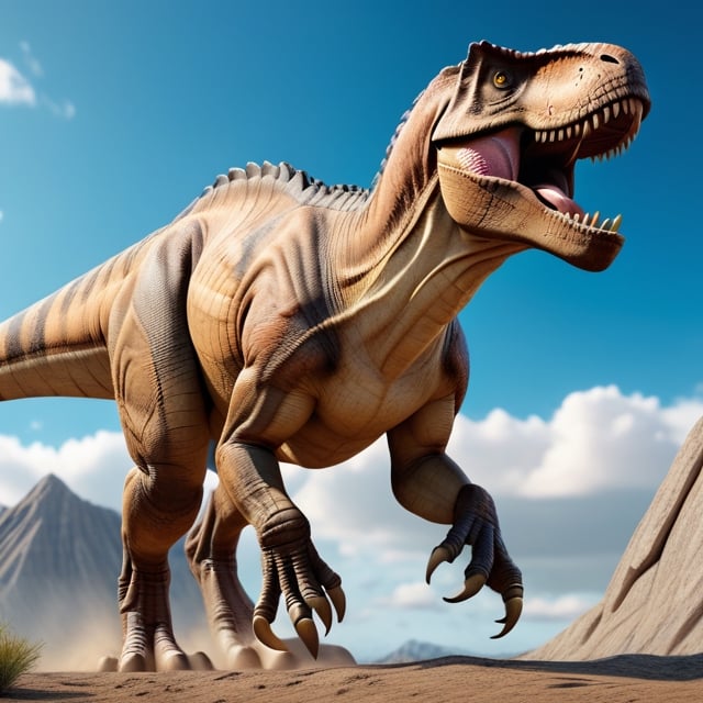 t-rex, big scar on the side, (full body), (full left view), (full side view) action shot, closed mouth, closed jaws, walking, masterpiece, anatomically correct, textured skin, super detail, high details, high quality, best quality, highres, 8k, simple sky background,Masterpiece