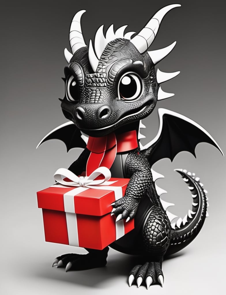 coloring book for children, no shading, (full body shot:1.5), (wide angle lens:1.5), cute, kawaii style, a dragon holding a christmas present , simple black and white background, thick lines, low detail, no shading