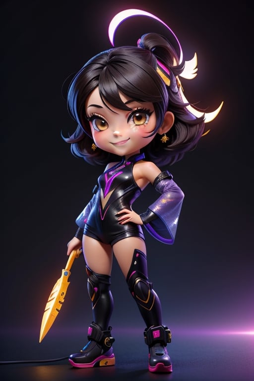 ((best quality)), ((masterpiece)), ((ultra-detailed)), high resolution, chibi girl, black fluffy hair, ahoge, brown eyes, futuristic clothing, dynamic pose, cute, smile, happy, simple background, full body, 3DMM, High detailed, chibi, smiling, dynamic pose, cyberpunk, purple hanfu, holding cyberpunk neon whip, High detailed , showing shoulders