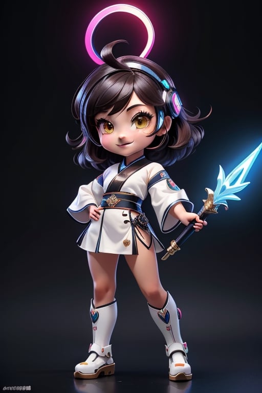 ((best quality)), ((masterpiece)), ((ultra-detailed)), high resolution, chibi girl, black fluffy hair, ahoge, brown eyes, futuristic clothing, dynamic pose, cute, smile, happy, simple background, full body, 3DMM, High detailed, chibi, smiling, dynamic pose, cyberpunk, white hanfu, holding cyberpunk neon dagger, High detailed 