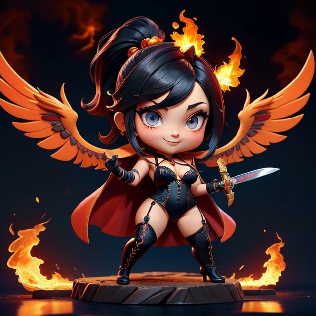 ((best quality)), ((masterpiece)), ((ultra-detailed)), high resolution, chibi girl, black ponytail, dark grey eyes, futuristic clothing, dynamic pose, cute, mischievous smile, happy, simple background, full body, 3DMM, chibi, dynamic pose, cyberpunk, black and red robe, long boots, phoenix robe, leather miniskirt, long_gloves, High detailed, black leather bra with red corset, sword, cleavage, sexy cheongsam, necklace, belly button, fishnet stockings, translucent bunnysuit,  see_through, chibi, big head, showing belly button, mini fire orange bird sitting on head