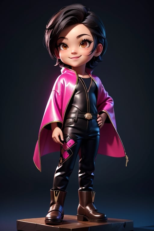 ((best quality)), ((masterpiece)), ((ultra-detailed)), high resolution, chibi boy, black hair, brown eyes, futuristic clothing, dynamic pose, cute, lite smile, happy, simple background, full body, 3DMM, High detailed, chibi, dynamic pose, cyberpunk, light robe, long boots, big head, Color magic, Saturated colors, print robe, leather pants