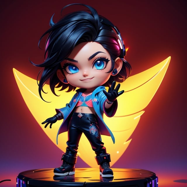 ((best quality)), ((masterpiece)), ((ultra-detailed)), high resolution, chibi boy, black spiky hair, blue eyes, futuristic clothing, dynamic pose, cute, lite smile, happy, simple background, full body, 3DMM, chibi, dynamic pose, cyberpunk, light robe, long boots, big head, Color magic, Saturated colors, print robe, leather pants, print shirt, neon cyberpunk sunshade, gloves, High detailed 