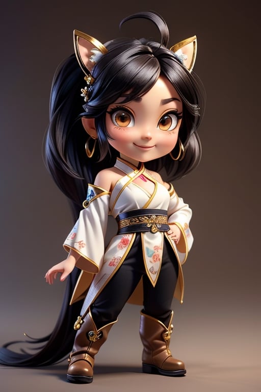 ((best quality)), ((masterpiece)), ((ultra-detailed)), high resolution, chibi girl, fluffy black hair, brown eyes, futuristic clothing, dynamic pose, cute, lite smile, happy, simple background, full body, 3DMM, High detailed, chibi, dynamic pose, cyberpunk, light hanfu, showing shoulders, ear_ring, pony_tail, long boots, cleavage, necklace, big head