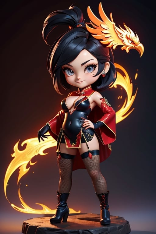 ((best quality)), ((masterpiece)), ((ultra-detailed)), high resolution, chibi girl, black ponytail, dark grey eyes, futuristic clothing, dynamic pose, cute, mischievous smile, happy, simple background, full body, 3DMM, chibi, dynamic pose, cyberpunk, black and red robe, long boots, phoenix robe, leather miniskirt, long_gloves, High detailed, katana, cleavage, sexy cheongsam, necklace, belly button, fishnet stockings, translucent bunnysuit,  see_through, chibi, big head, showing belly button, mini pet phoenix on shoulder