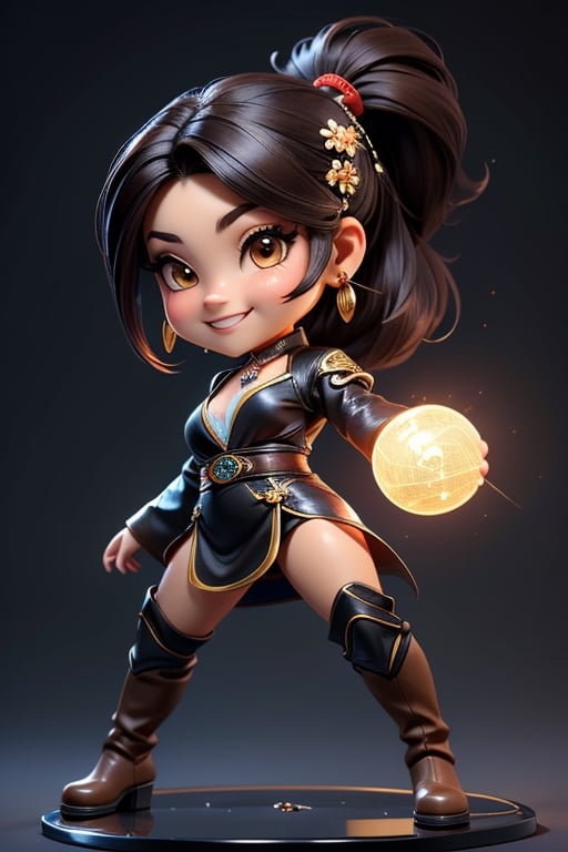 ((best quality)), ((masterpiece)), ((ultra-detailed)), high resolution, chibi girl, fluffy black hair, brown eyes, futuristic clothing, dynamic pose, cute, lite smile, happy, simple background, full body, 3DMM, High detailed, chibi, dynamic pose, cyberpunk, light hanfu, showing shoulders, ear_ring, pony_tail, long boots, cleavage, necklace, big head