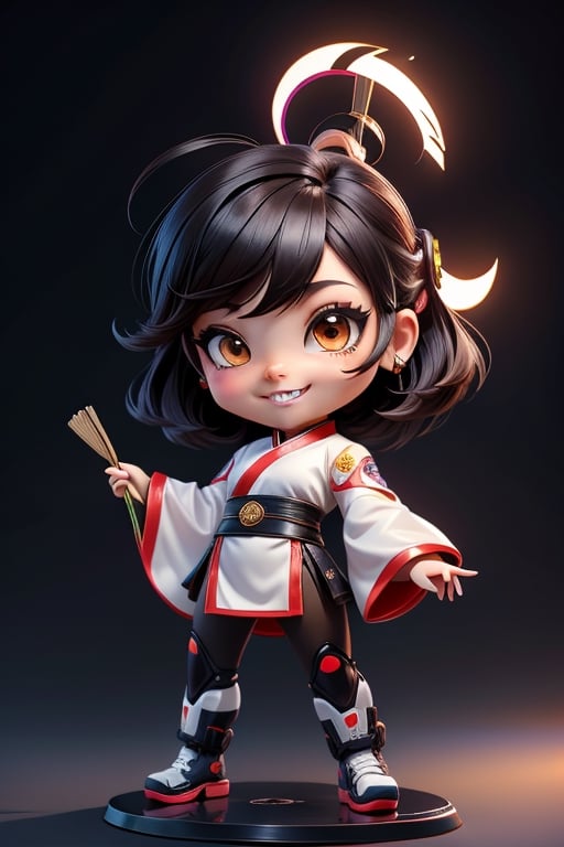 ((best quality)), ((masterpiece)), ((ultra-detailed)), high resolution, chibi girl, black fluffy hair, ahoge, brown eyes, futuristic clothing, dynamic pose, cute, smile, happy, simple background, full body, 3DMM, High detailed, chibi, smiling, dynamic pose, cyberpunk, white hanfu, holding cyber punk neon folding fan, High detailed 