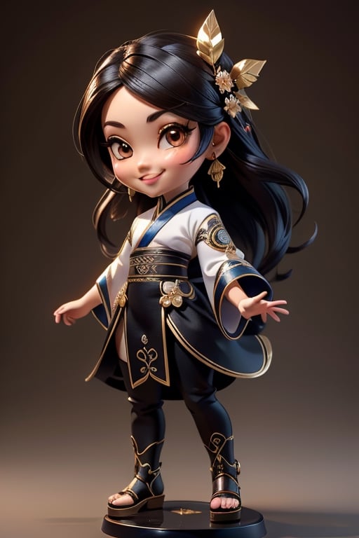 ((best quality)), ((masterpiece)), ((ultra-detailed)), high resolution, chibi girl, black hair, brown eyes, futuristic clothing, dynamic pose, cute, smile, happy, simple background, full body, 3DMM, High detailed, chibi, smiling, dynamic pose, cyberpunk, hanfu