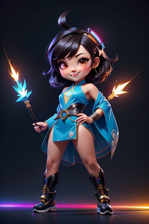 ((best quality)), ((masterpiece)), ((ultra-detailed)), high resolution, chibi girl, black fluffy hair, ahoge, brown eyes, futuristic clothing, dynamic pose, cute, smile, happy, simple background, full body, 3DMM, High detailed, chibi, smiling, dynamic pose, cyberpunk, blue hanfu, holding cyberpunk neon spear, High detailed , showing shoulders