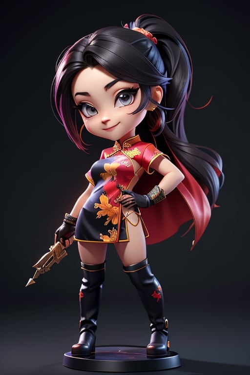 ((best quality)), ((masterpiece)), ((ultra-detailed)), high resolution, chibi girl, black ponytail, dark grey eyes, futuristic clothing, dynamic pose, cute, mischievous smile, happy, simple background, full body, 3DMM, chibi, dynamic pose, cyberpunk, black and red robe, long boots, big head, Color magic, Saturated colors, tiger motive robe, leather miniskirt, print shirt, fingerless_glove, High detailed , weapons, boob_window, chibi,cheongsam