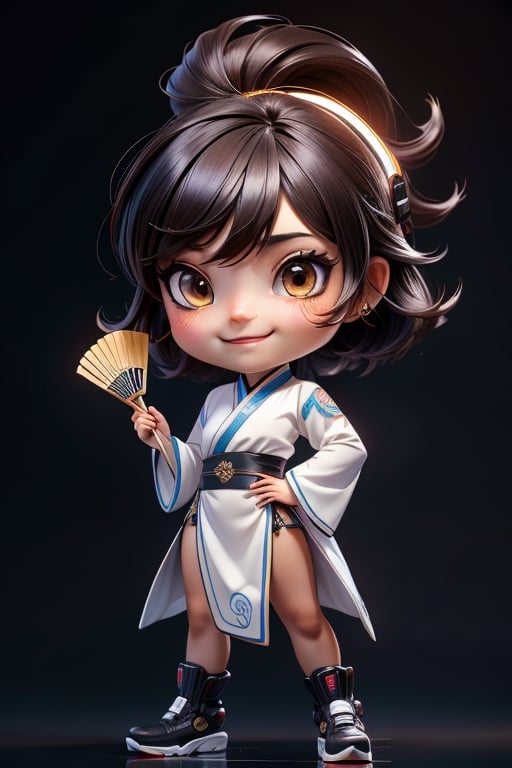 ((best quality)), ((masterpiece)), ((ultra-detailed)), high resolution, chibi girl, black fluffy hair, ahoge, brown eyes, futuristic clothing, dynamic pose, cute, smile, happy, simple background, full body, 3DMM, High detailed, chibi, smiling, dynamic pose, cyberpunk, white hanfu, holding cyber punk neon folding fan, High detailed 