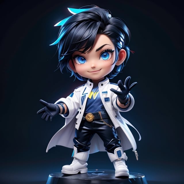 ((best quality)), ((masterpiece)), ((ultra-detailed)), high resolution, chibi boy, black spiky crew cut hair, dark blue eyes, futuristic clothing, dynamic pose, cute, lite smile, happy, simple background, full body, 3DMM, chibi, dynamic pose, cyberpunk, white robe, long boots, big head, Color magic, Saturated colors, print robe, leather pants, print shirt, neon cyberpunk sunshade, gloves, white jacket, High detailed 