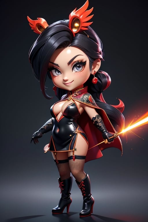 ((best quality)), ((masterpiece)), ((ultra-detailed)), high resolution, chibi girl, black ponytail, dark grey eyes, futuristic clothing, dynamic pose, cute, mischievous smile, happy, simple background, full body, 3DMM, chibi, dynamic pose, cyberpunk, black and red robe, long boots, phoenix robe, leather miniskirt, long_gloves, High detailed, laser daggers, cleavage, sexy cheongsam, necklace, belly button, fishnet stockings, translucent bunnysuit, areola slip, see_through, chibi, big head,