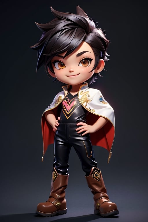 ((best quality)), ((masterpiece)), ((ultra-detailed)), high resolution, chibi boy, black spiky hair, brown eyes, futuristic clothing, dynamic pose, cute, lite smile, happy, simple background, full body, 3DMM, chibi, dynamic pose, cyberpunk, light robe, long boots, big head, Color magic, Saturated colors, print robe, leather pants, print shirt, High detailed 