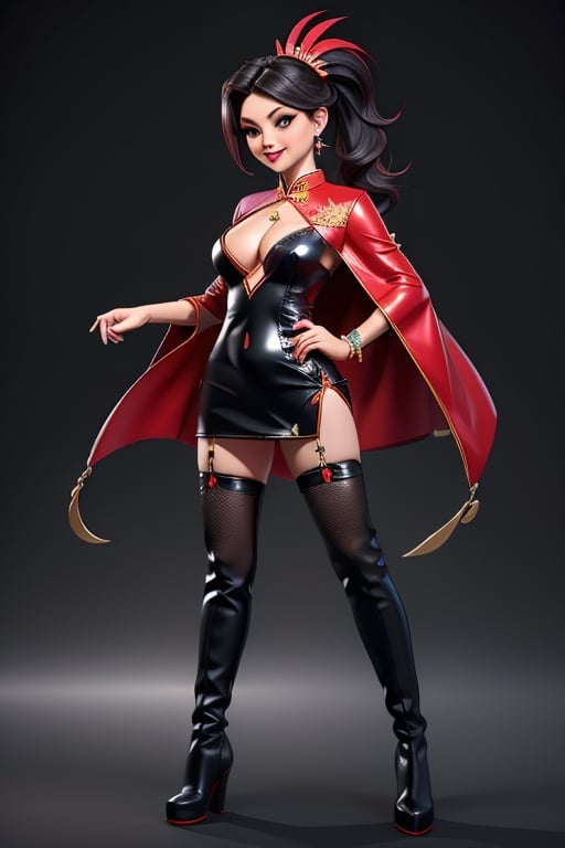 ((best quality)), ((masterpiece)), ((ultra-detailed)), high resolution, chibi girl, black ponytail, dark grey eyes, futuristic clothing, dynamic pose, cute, mischievous smile, happy, simple background, full body, 3DMM, chibi, dynamic pose, cyberpunk, black and red robe, long boots, big head, Color magic, Saturated colors, phoenix robe, leather miniskirt, long_gloves, High detailed , laser daggers, cleavage, oppai, short, sexy cheongsam, necklace, belly button, fishnet stockings, QIPAO, translucent bunnysuit, areola slip