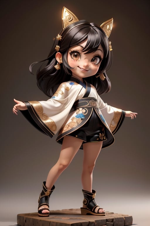 ((best quality)), ((masterpiece)), ((ultra-detailed)), high resolution, chibi girl, black hair, brown eyes, futuristic clothing, dynamic pose, cute, smile, happy, simple background, full body, 3DMM, High detailed, chibi, smiling, dynamic pose, cyberpunk, hanfu