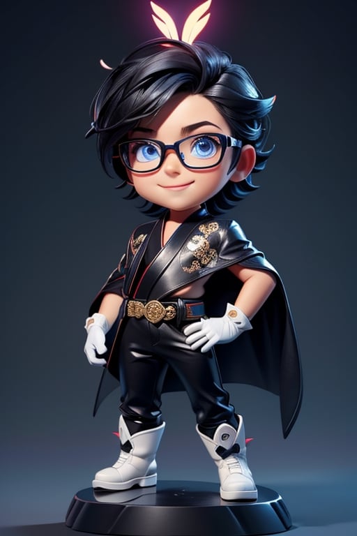 ((best quality)), ((masterpiece)), ((ultra-detailed)), high resolution, chibi boy, black spiky hair, blue eyes, futuristic clothing, dynamic pose, cute, mischievious smile, happy, simple background, full body, 3DMM, chibi, dynamic pose, cyberpunk, traditional robe, long boots, big head, Color magic, Saturated colors, print robe, leather pants, print shirt, spectacles on top of head, gloves, High detailed 