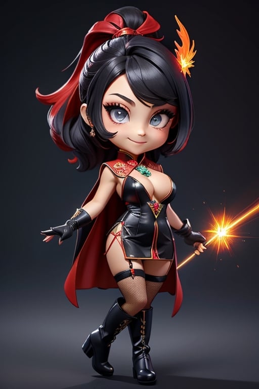 ((best quality)), ((masterpiece)), ((ultra-detailed)), high resolution, chibi girl, black ponytail, dark grey eyes, futuristic clothing, dynamic pose, cute, mischievous smile, happy, simple background, full body, 3DMM, chibi, dynamic pose, cyberpunk, black and red robe, long boots, phoenix robe, leather miniskirt, long_gloves, High detailed, laser daggers, cleavage, sexy cheongsam, necklace, belly button, fishnet stockings, translucent bunnysuit, areola slip, see_through, chibi, big head,