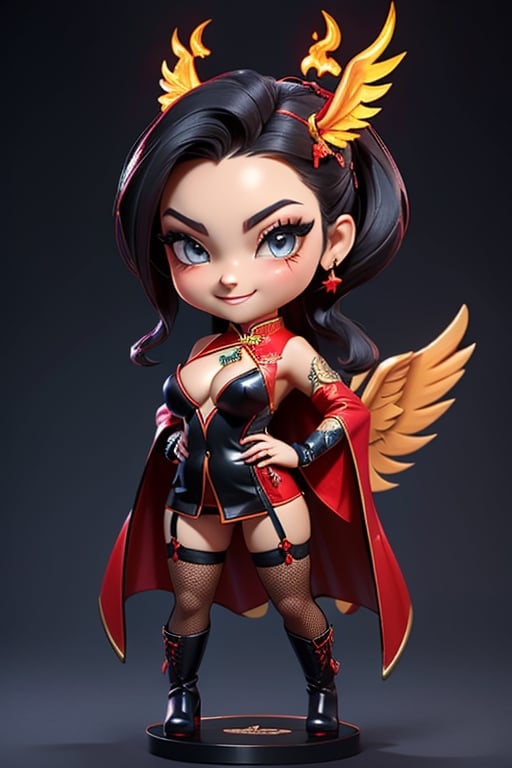 ((best quality)), ((masterpiece)), ((ultra-detailed)), high resolution, chibi girl, black ponytail, dark grey eyes, futuristic clothing, dynamic pose, cute, mischievous smile, happy, simple background, full body, 3DMM, chibi, dynamic pose, cyberpunk, black and red robe, long boots, phoenix robe, leather miniskirt, long_gloves, High detailed, laser daggers, cleavage, sexy cheongsam, necklace, belly button, fishnet stockings, translucent bunnysuit, areola slip, see_through, transparent_clothing, chibi, big head